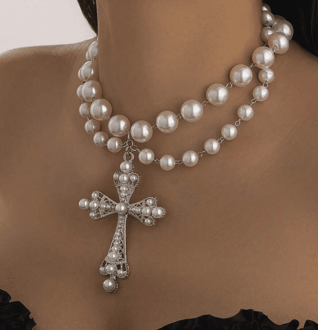 Double Layer Pearl Cross Necklace