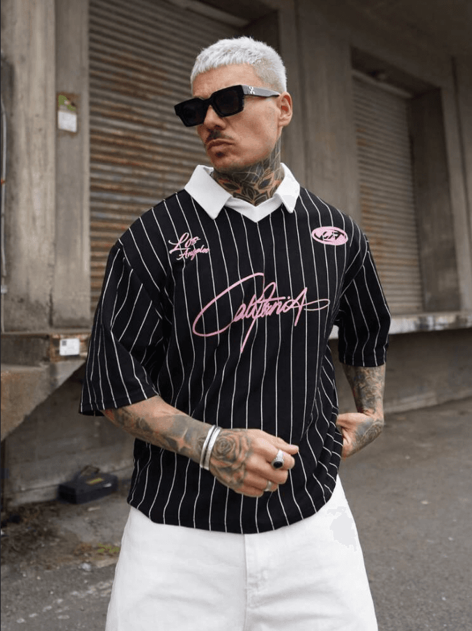 Black/Pink stripe football T