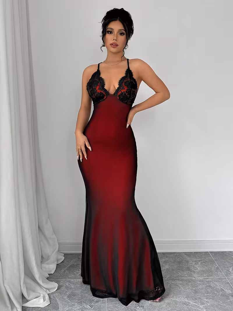 Midnight Romance Lace-Trim Maxi Dress