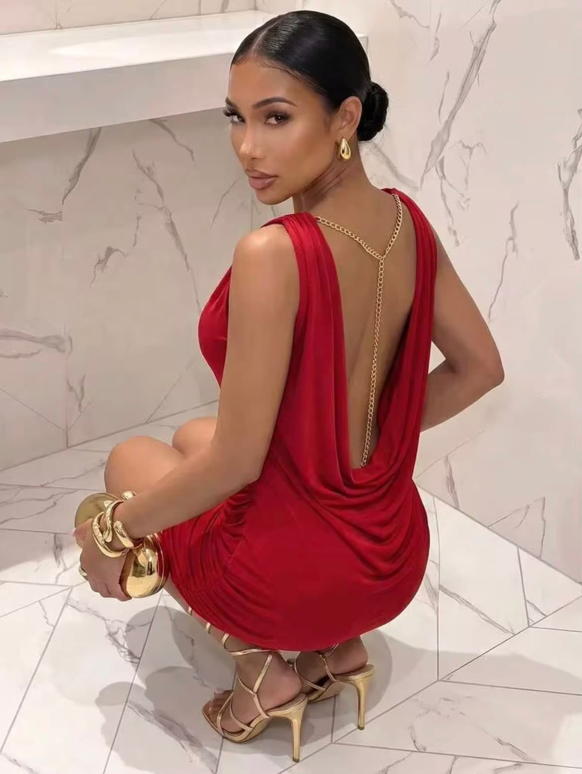 Scarlet Drape Sheer Dress in Scarlet Red