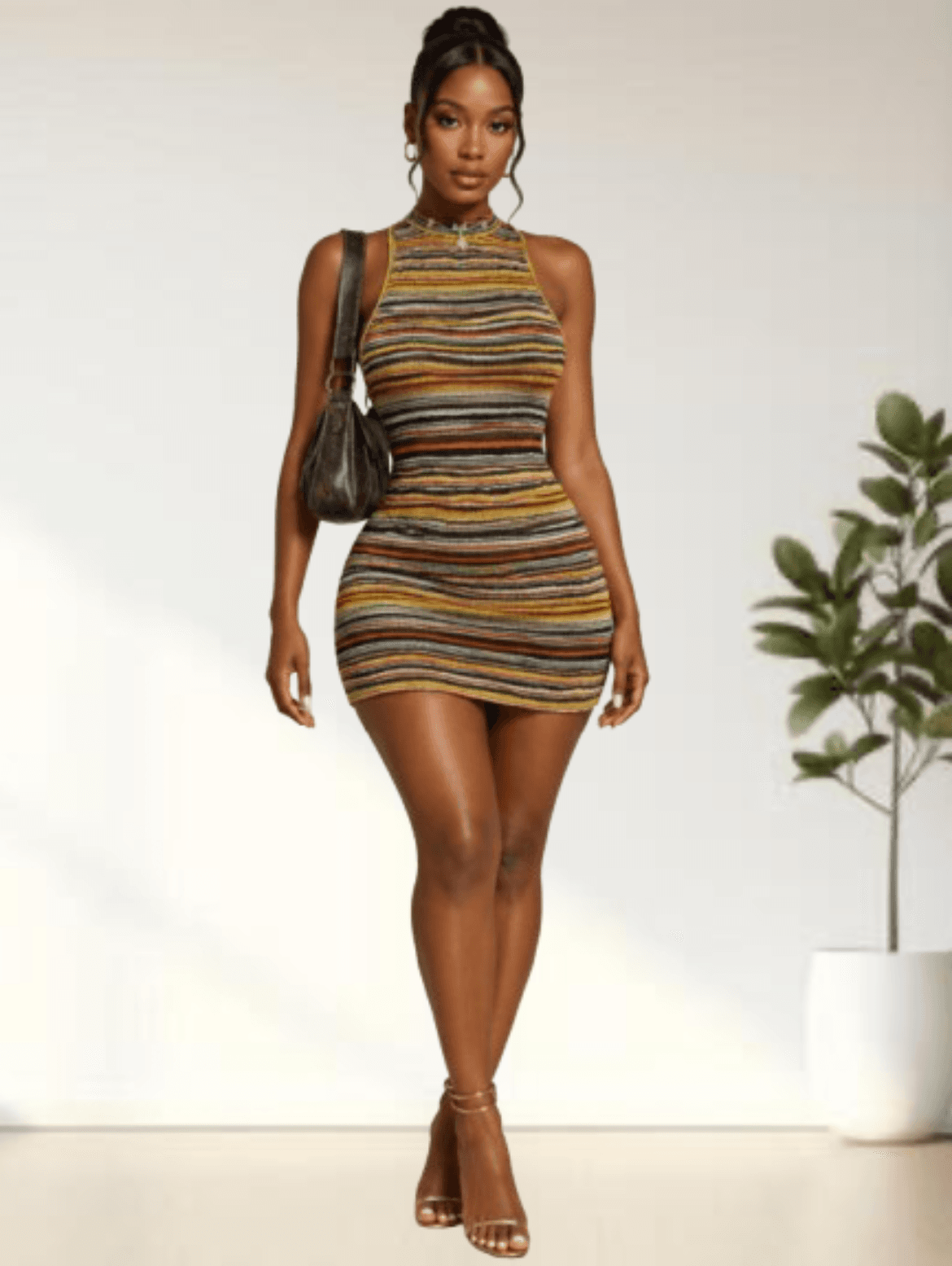 Striped Halter Beaded Dress in Autumn Tones